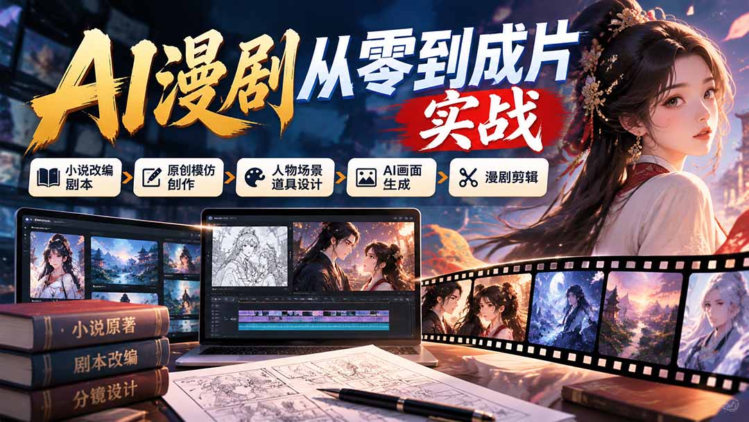 AI漫剧从零到成片实战：小说改编剧本、原创模仿创作、人物场景道具设计、AI画面生成与漫剧剪辑-91副业网