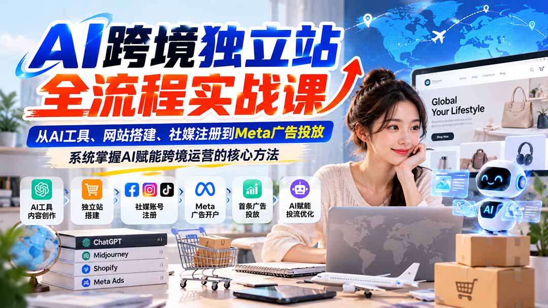 AI跨境独立站全流程实战课:从AI工具、网站搭建、社媒注册到Meta广告投放,系统掌握AI赋能跨境运营的核心方法-91副业网