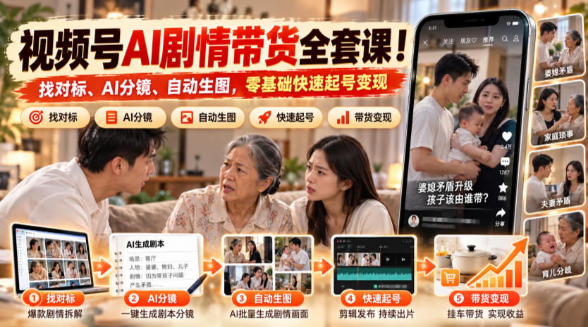 视频号AI剧情带货全套课！找对标、AI分镜、自动生图，零基础快速起号变现-91副业网