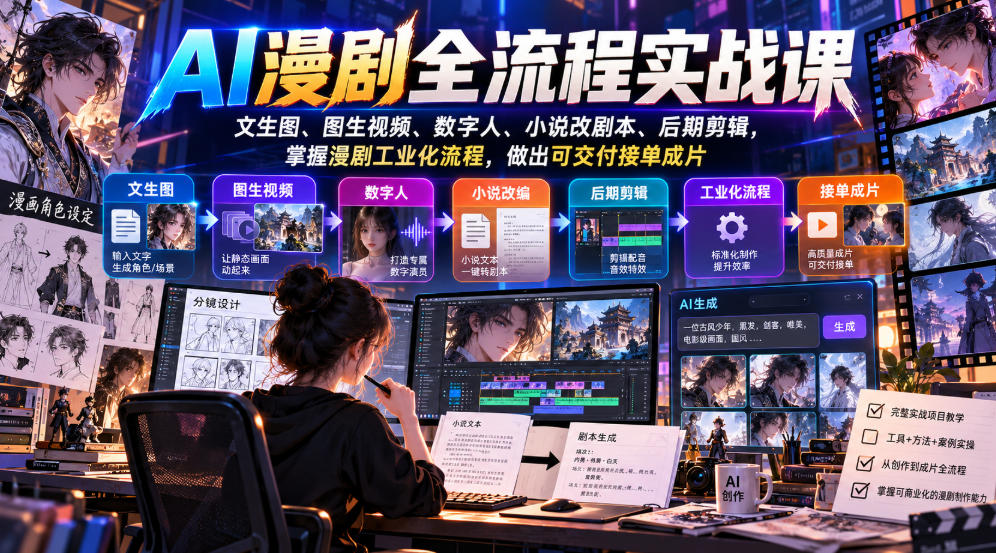AI漫剧全流程实战课，文生图、图生视频、数字人、小说改剧本、后期剪辑，掌握漫剧工业化流程，做出可交付接单成片-91副业网
