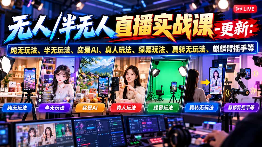 无人/半无人直播实战课-10月20更新：纯无玩法、半无玩法、实景AI、真人玩法、绿幕玩法、真转无玩法、麒麟臂摇手等-91副业网