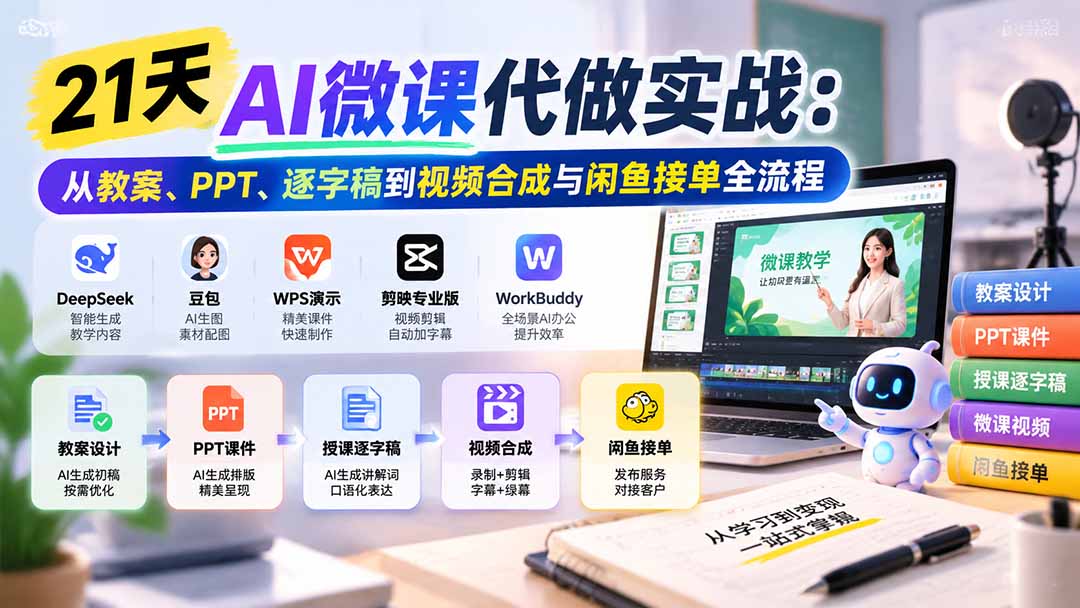 21天AI微课代做实战：从教案、PPT、逐字稿到视频合成与闲鱼接单全流程-91副业网