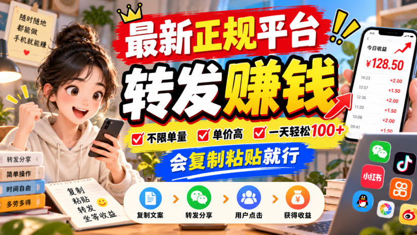 最新正规平台，转发賺钱，不限单量，单价高，一天轻松100+，会复制粘贴就行【揭秘】-91副业网