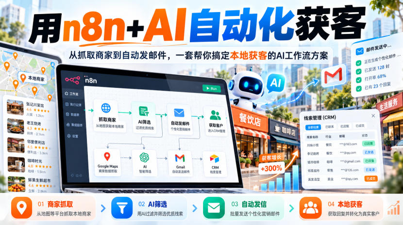 【无水印】用n8n+AI自动化获客，从抓取商家到自动发邮件，一套帮你搞定本地获客的AI工作流方案【原创双语字幕】-91副业网