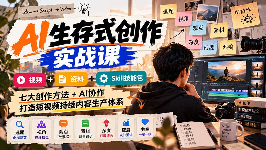 AI生存式创作实战课：视频+资料+Skill技能包，七大创作方法+AI协作，打造短视频持续内容生产体系-91副业网