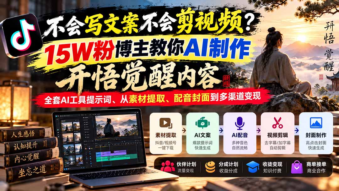 不会写文案不会剪视频?15W粉博主教你AI制作开悟觉醒内容,全套AI工具提示词、从素材提取、配音封面到多渠道变现-91副业网