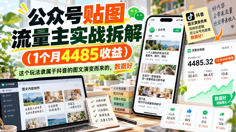 公众号贴图流量主实战拆解(1个月4485收益)，这个玩法隶属于抖音的图文演变而来的，数据好-91副业网