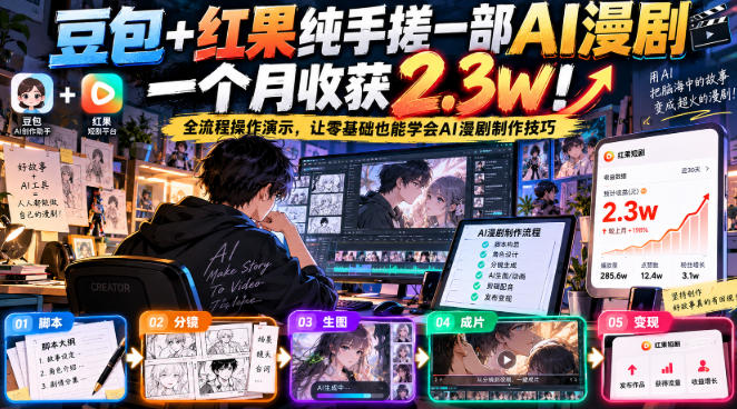豆包+红果纯手搓一部AI漫剧一个月收获2.3w！全流程操作演示，让零基础也能学会AI漫剧制作技巧-91副业网