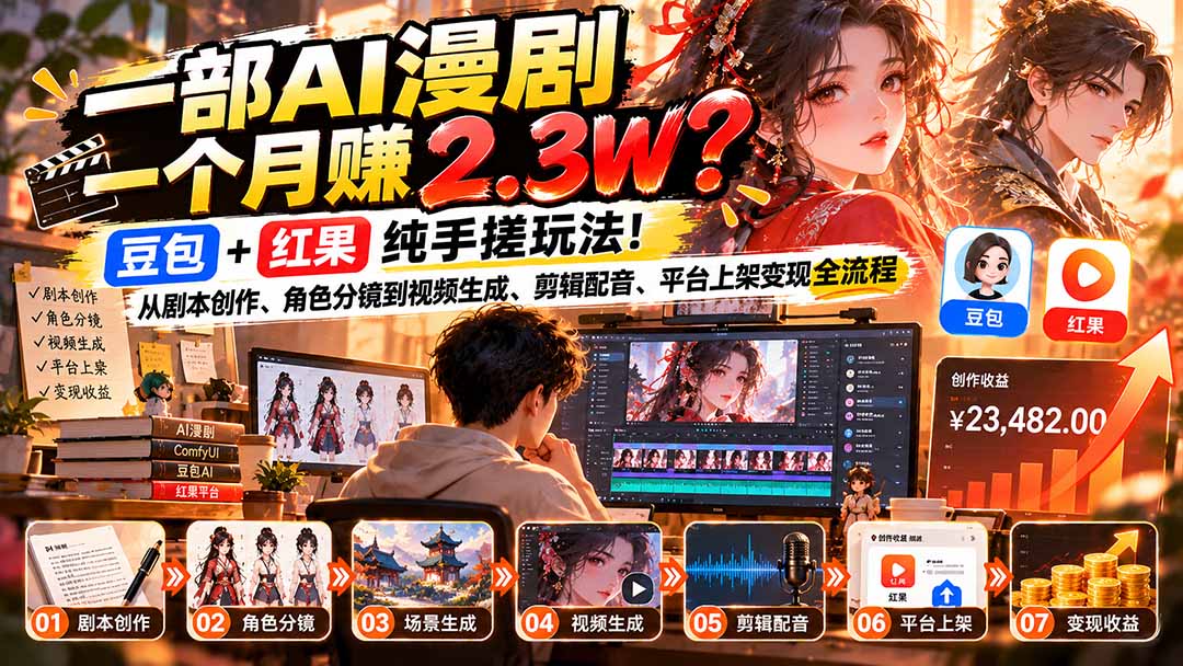一部AI漫剧一个月赚2.3W？豆包+红果纯手搓玩法！从剧本创作、角色分镜到视频生成、剪辑配音、平台上架变现全流程-91副业网