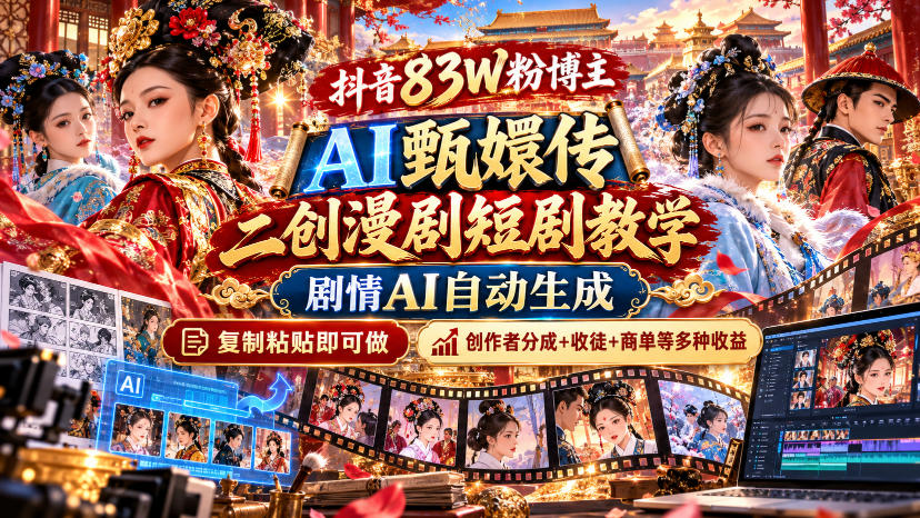 抖音83W粉博主AI甄嬛传二创漫剧短剧教学|剧情AI自动生成,复制粘贴即可做,各大平台创作者分成+收徒等多种收益-91副业网