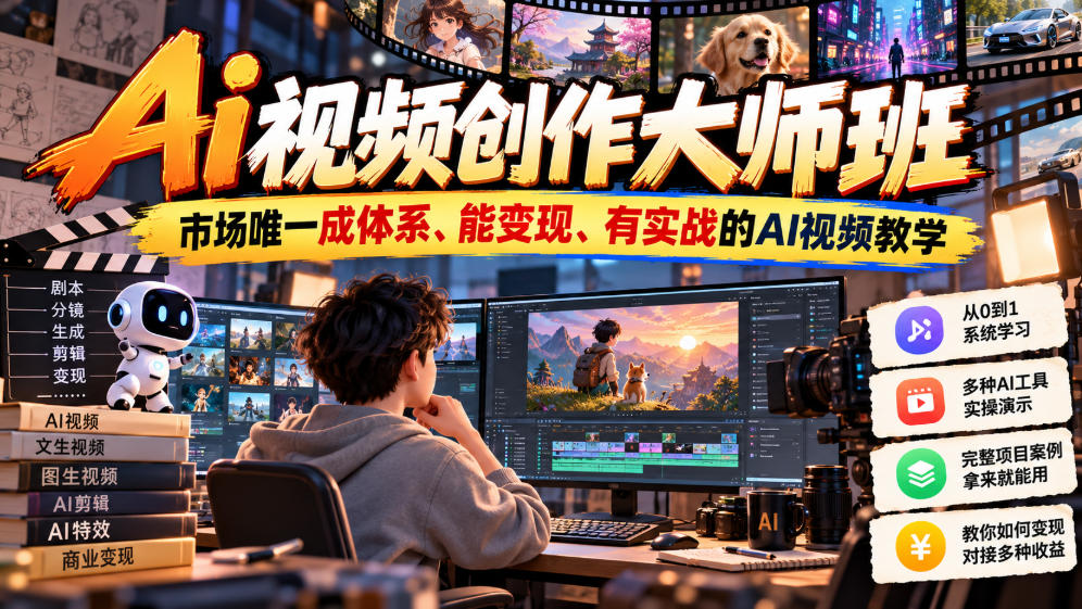 Ai视频创作大师班，市场唯一成体系、能变现、有实战的AI视频教学(更新2026)-91副业网