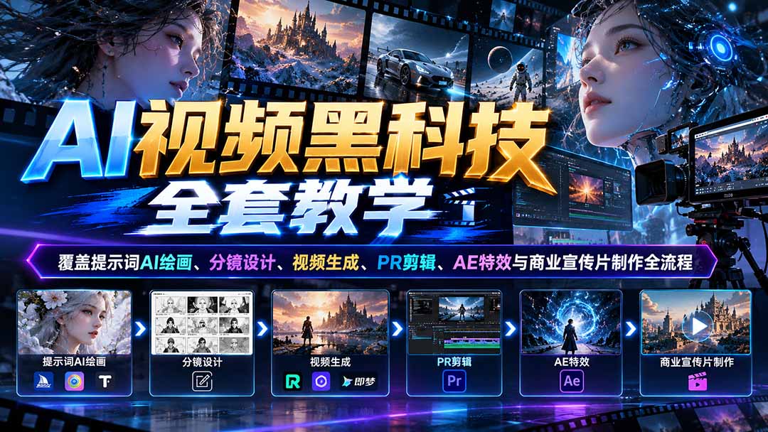 AI视频黑科技全套教学：覆盖提示词AI绘画、分镜设计、视频生成、PR剪辑、AE特效与商业宣传片制作全流程-91副业网