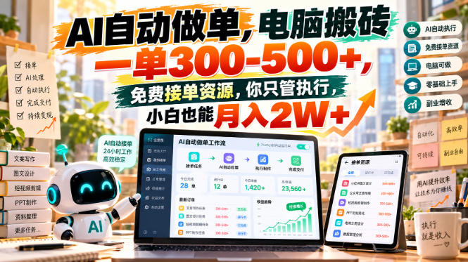 AI自动做单，电脑搬砖一单300-500+，免费接单资源，你只管执行，小白也能月入2W+【揭秘】-91副业网