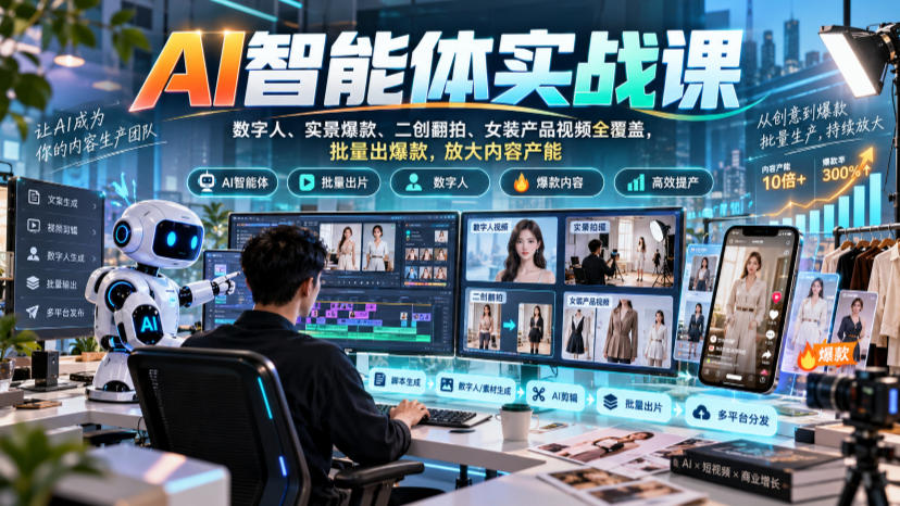 AI智能体实战课，数字人、实景爆款、二创翻拍、女装产品视频全覆盖，批量出爆款，放大内容产能-91副业网