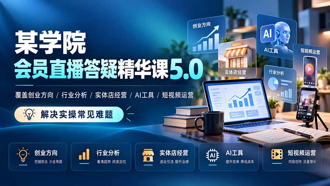某学院会员直播答疑精华课5.0：覆盖创业方向、行业分析、实体店经营、AI工具和短视频运营，解决实操常见难题！-91副业网