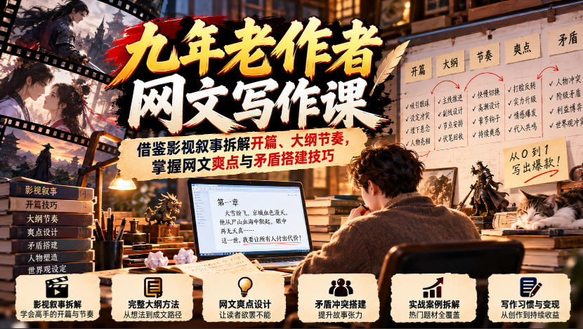 九年老作者网文写作课：借鉴影视叙事拆解开篇、大纲节奏，掌握网文爽点与矛盾搭建技巧-91副业网