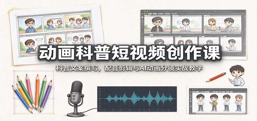 动画科普短视频创作课：科普文案撰写，配音剪辑与AI动画分镜实战教学-91副业网