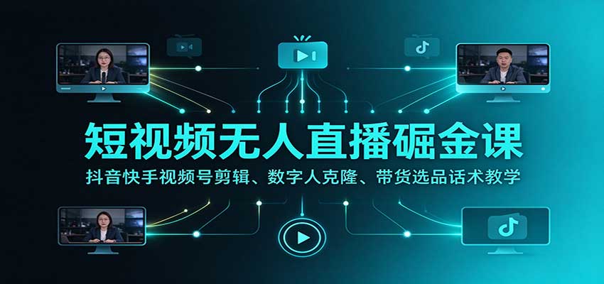 短视频无人直播掘金课：抖音快手视频号剪辑、数字人克隆、带货选品话术教学-91副业网