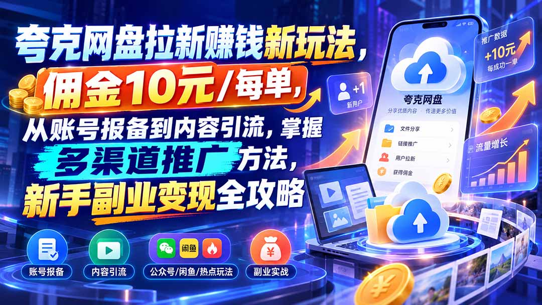 夸克网盘拉新赚钱新玩法，佣金10元/每单，从账号报备到内容引流，掌握多渠道推广方法，新手副业变现全攻略-91副业网