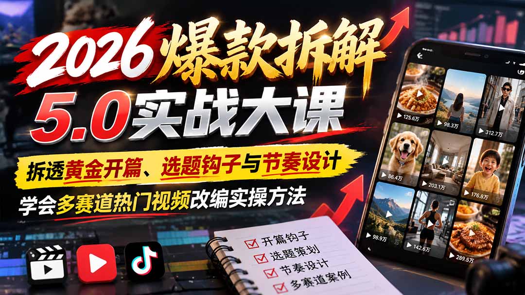 2026爆款拆解5.0实战大课：拆透黄金开篇、选题钩子与节奏设计，学会多赛道热门视频改编实操方法-91副业网