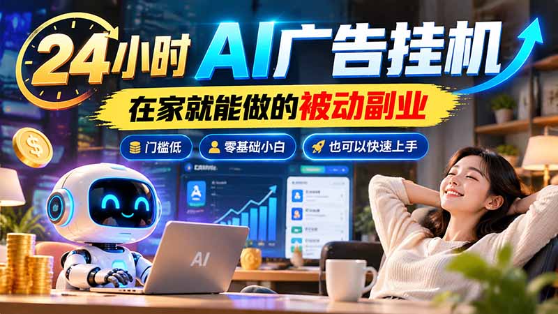 24小时AI广告挂机｜在家就能做的被动副业，门槛低，零基础小白也可以快速上手-91副业网