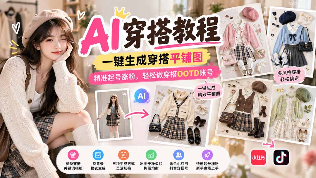 【无水印】AI穿搭教程｜一键生成穿搭平铺图，精准起号涨粉，轻松做穿搭OOTD账号-91副业网