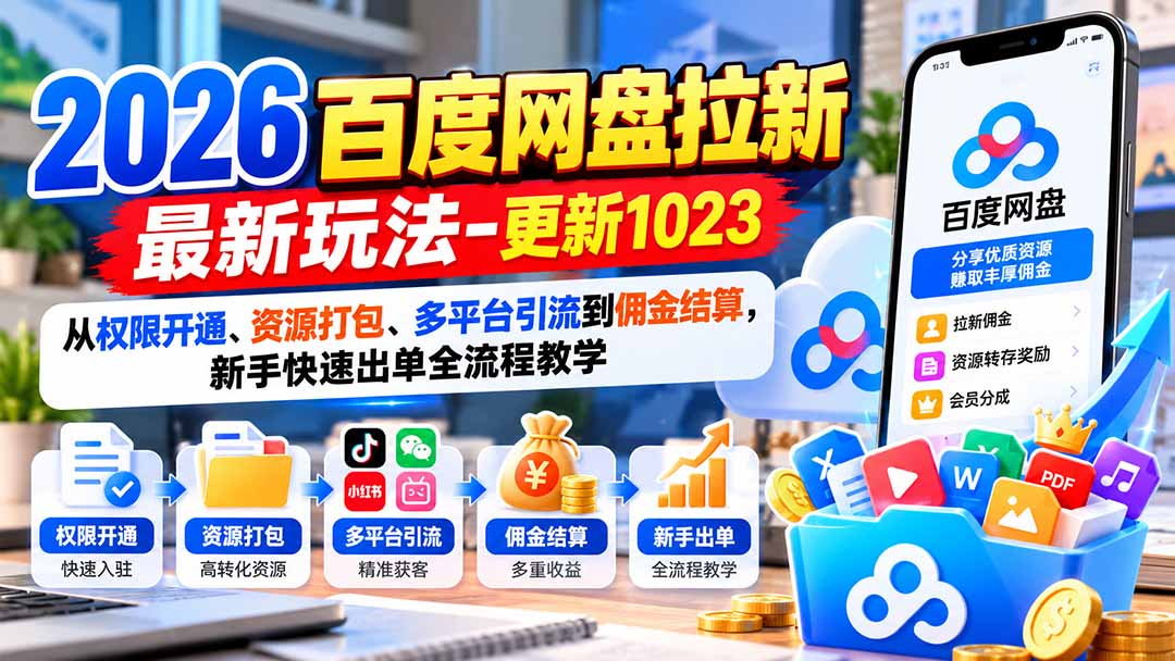 2026百度网盘拉新最新玩法-更新1023：从权限开通、资源打包、多平台引流到佣金结算，新手快速出单全流程教学-91副业网