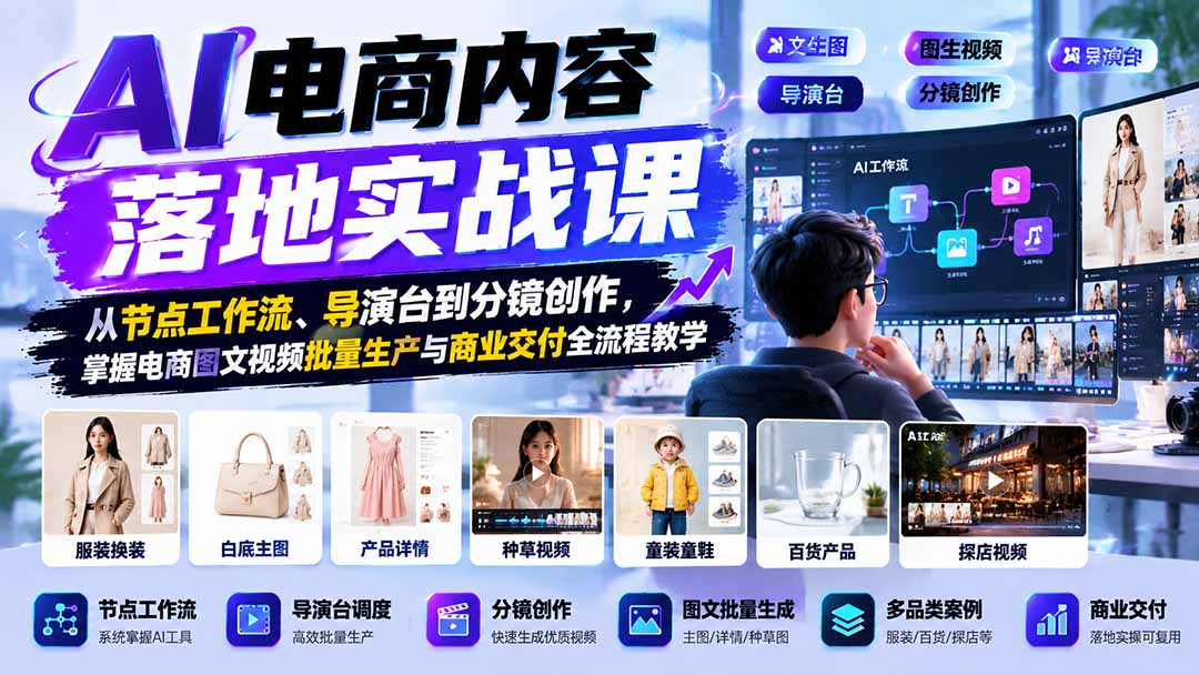 AI电商内容落地实战课：从节点工作流、导演台到分镜创作，掌握电商图文视频批量生产与商业交付全流程教学-91副业网
