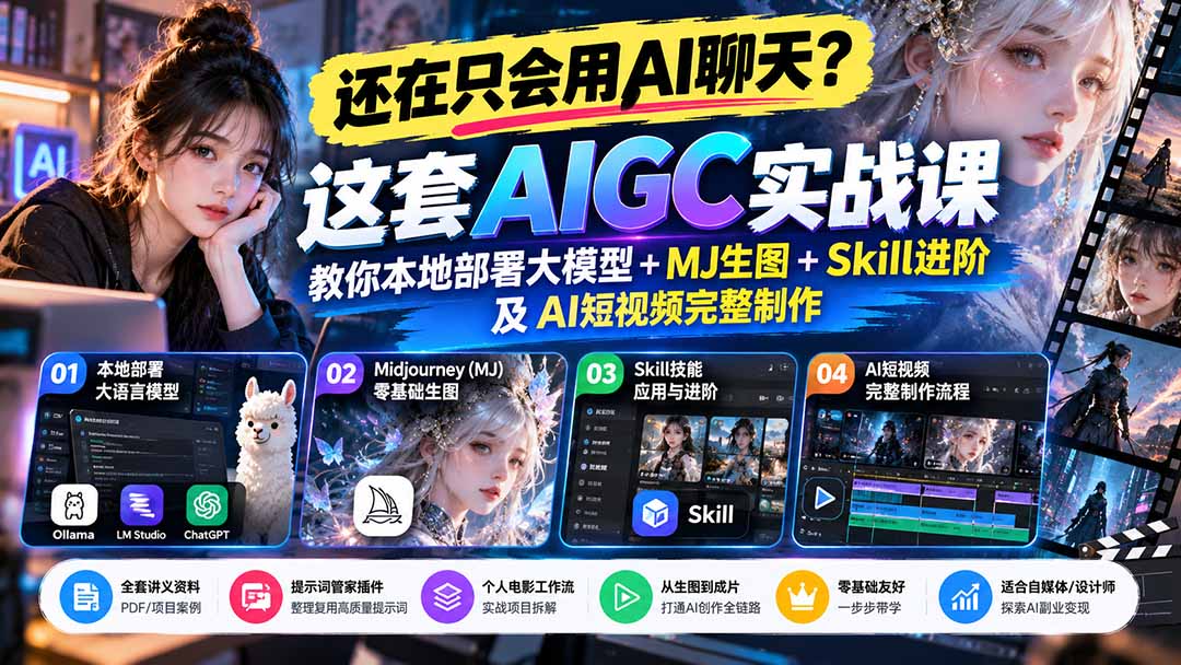 【无水印】还在只会用AI聊天？这套AIGC实战课教你本地部署大模型+MJ生图+Skill进阶及AI短视频完整制作-91副业网