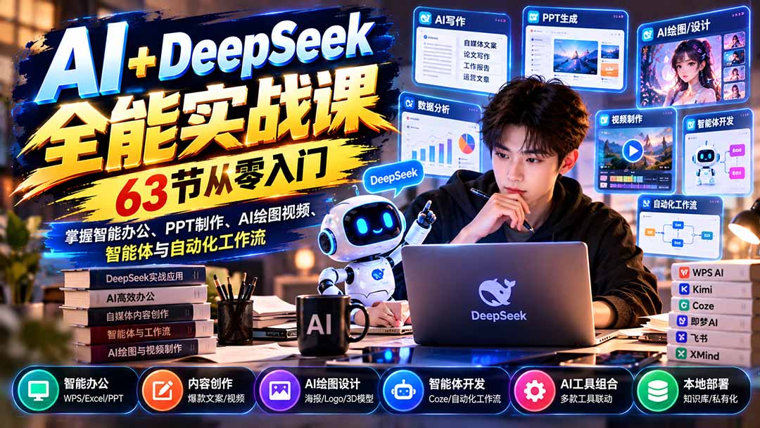 AI+DeepSeek全能实战课：63节从零入门，掌握智能办公、PPT制作、AI绘图视频、智能体与自动化工作流-91副业网
