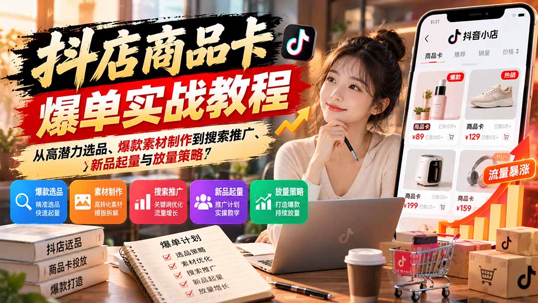抖店商品卡爆单实战教程：从高潜力选品、爆款素材制作到搜索推广、新品起量与放量策略-91副业网