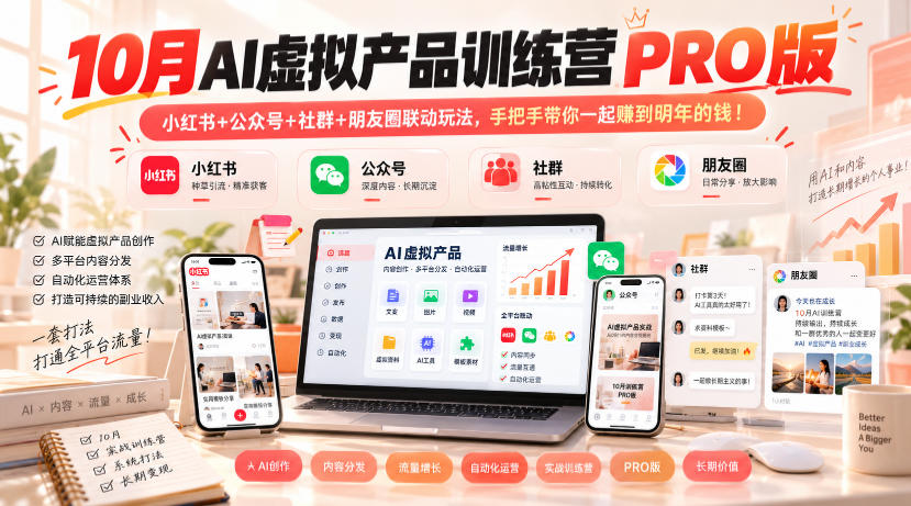 10月AI虚拟产品训练营PRO版，小红书+公众号+社群+朋友圈联动玩法，手把手带你一起赚到明年的钱！(更新1024)-91副业网