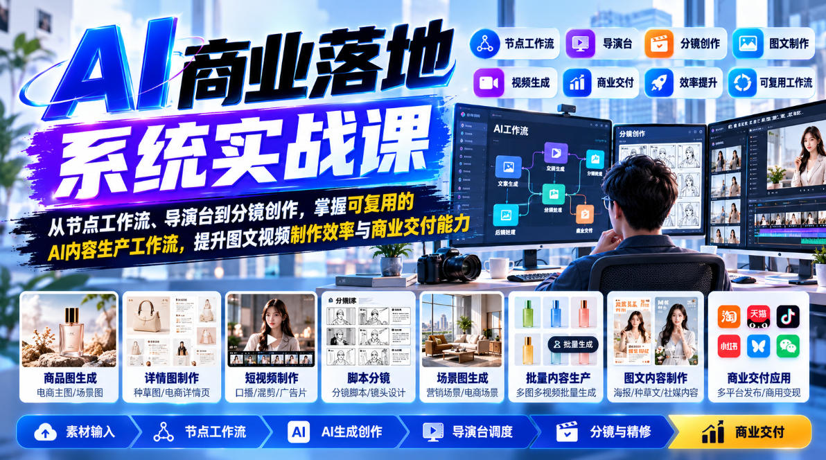 【无水印】AI商业落地系统实战课，从节点工作流、导演台到分镜创作，掌握可复用的AI内容生产工作流，提升图文视频制作效率与商业交付能力-91副业网