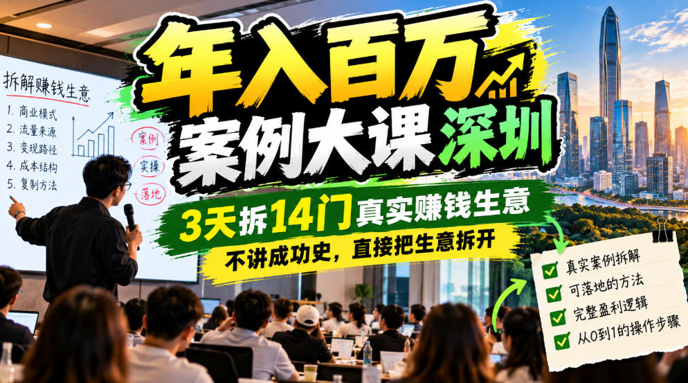 年入百W案例大课深圳，3天拆14门真实賺钱生意，不讲成功史，直接把生意拆开-91副业网