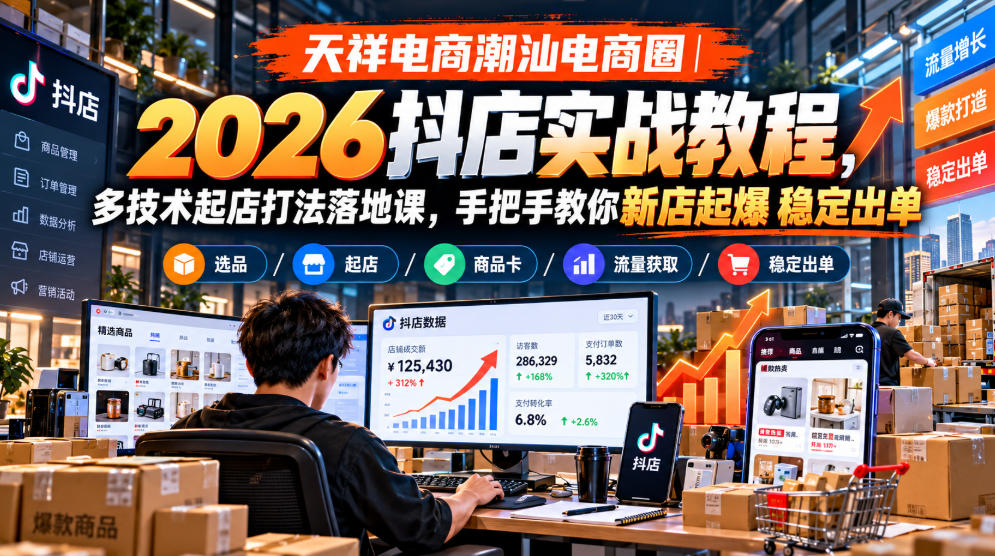 天祥电商潮汕电商圈｜2026抖店实战教程，多技术起店打法落地课，手把手教你新店起爆稳定出单-91副业网
