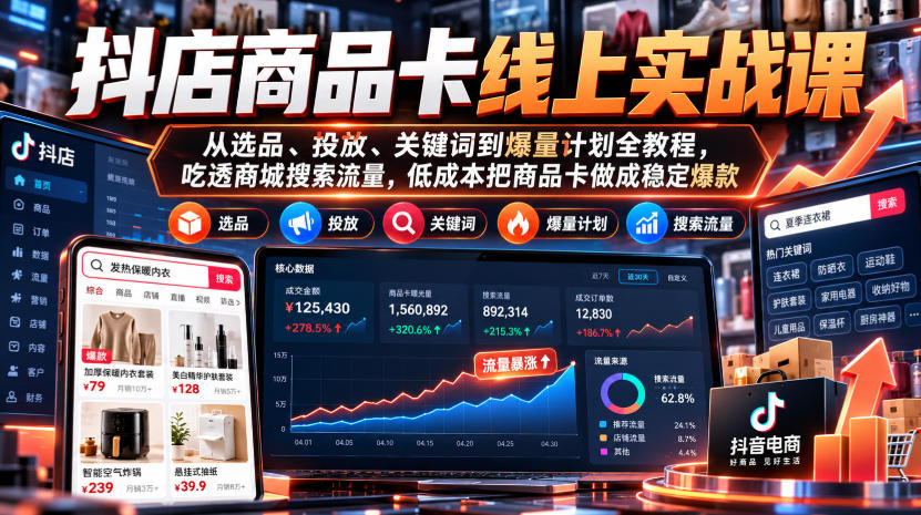 抖店商品卡线上实战课｜从选品、投放、关键词到爆量计划全教程，吃透商城搜索流量，低成本把商品卡做成稳定爆款-91副业网