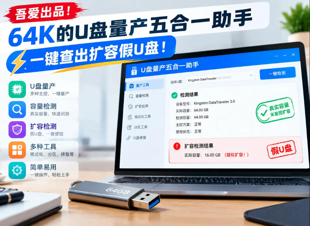 吾爱出品！64K的U盘量产五合一助手，一键查出扩容假U盘！-91副业网
