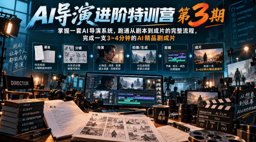 AI导演进阶特训营第3期，掌握一套AI导演系统，跑通从剧本到成片的完整流程，完成一支3~4分钟的AI精品剧成片(附1、2期)-91副业网