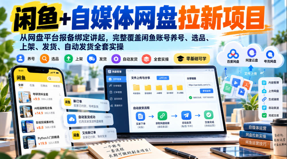 闲鱼+自媒体网盘拉新项目，从网盘平台报备绑定讲起，完整覆盖闲鱼账号养号、选品、上架、发货、自动发货全套实操-91副业网