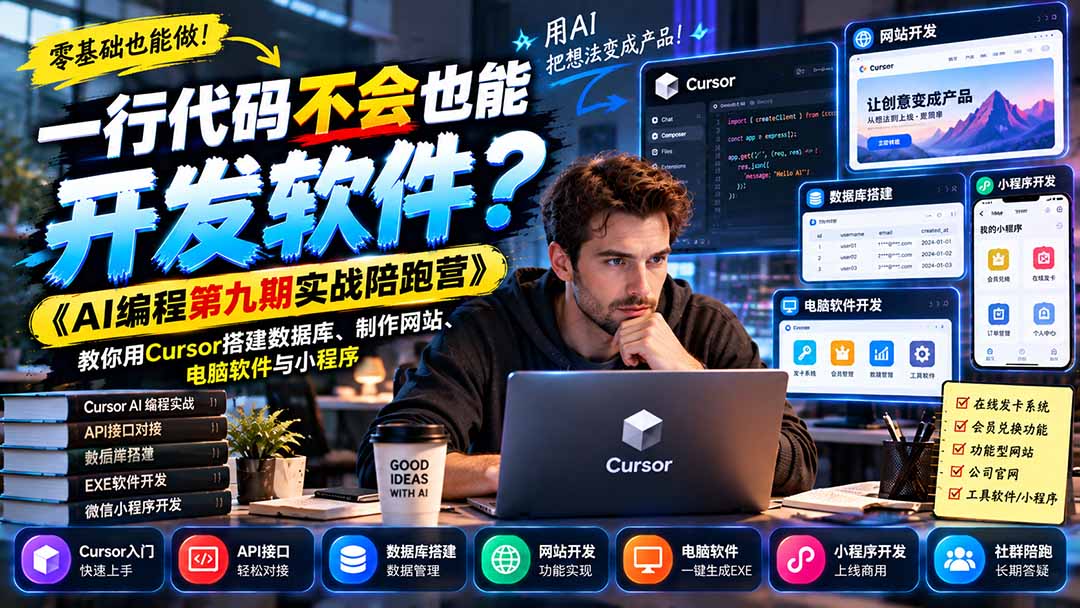 一行代码不会也能开发软件?《AI编程第九期实战陪跑营》教你用Cursor搭建数据库、制作网站、电脑软件与小程序-91副业网