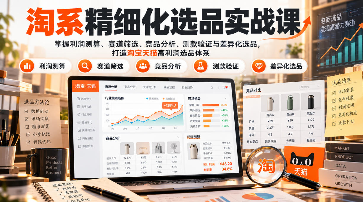 货架电商精细化选品实战课：掌握利润测算、赛道筛选、竞品分析、测款验证与差异化选品，打造淘宝天猫高利润选品体系-91副业网