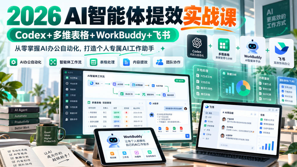 2026 AI智能体提效实战课：Codex+多维表格+WorkBuddy+飞书，从零掌握AI办公自动化，打造个人专属AI工作助手-91副业网