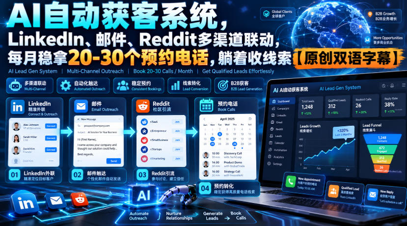 【无水印】AI自动获客系统，LinkedIn、邮件、Reddit多渠道联动，每月稳拿20-30个预约电话，躺着收线索【原创双语字幕】-91副业网
