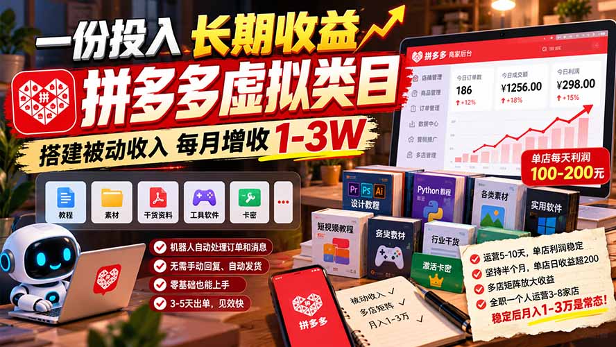 一份投入长期收益,拼多多虚拟类目,搭建被动收入每月增收 1-3W-91副业网