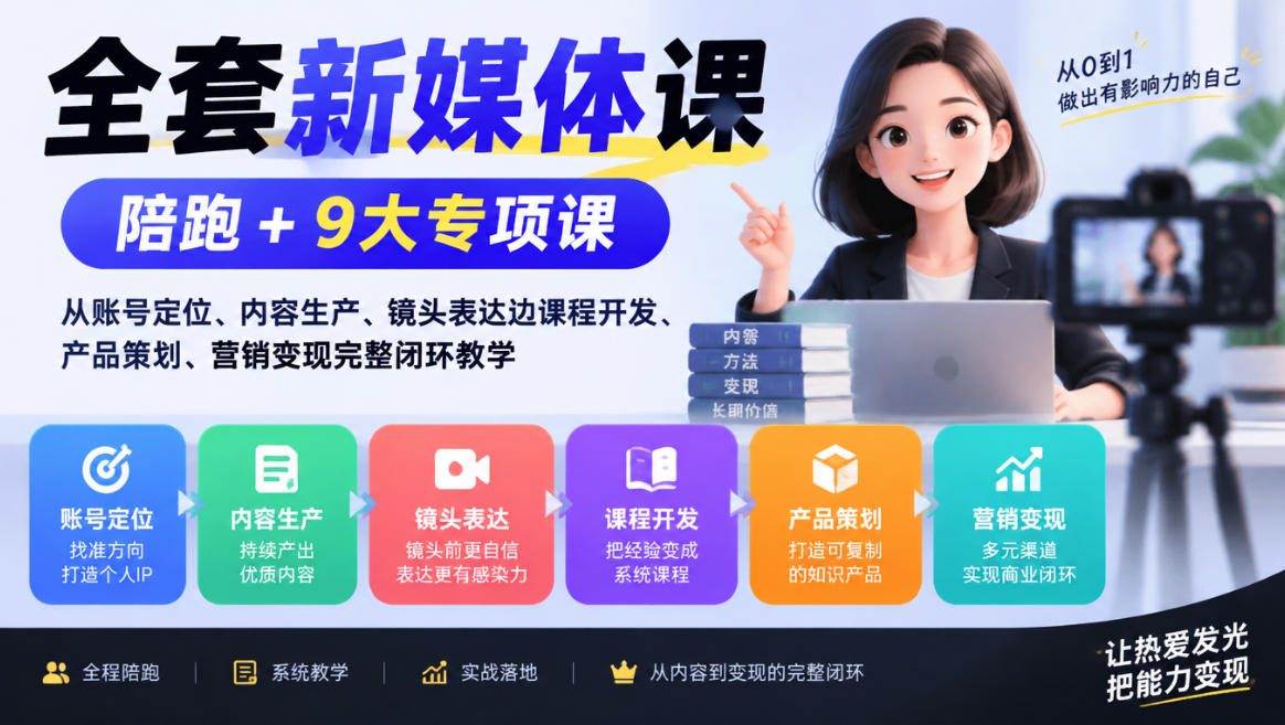 全套新媒体课｜陪跑+9大专项课，从账号定位、内容生产、镜头表达到课程开发、产品策划、营销变现完整闭环教学-91副业网