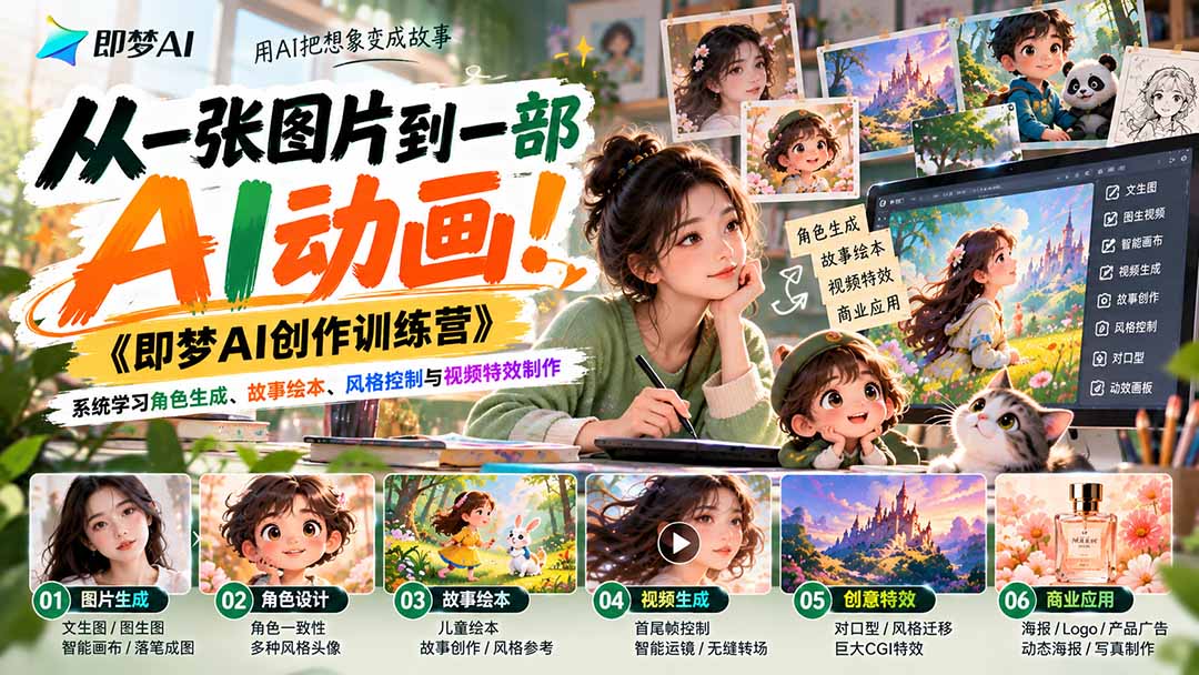 【无水印】从一张图片到一部AI动画!《即梦AI创作训练营》系统学习角色生成、故事绘本、风格控制与视频特效制作-91副业网