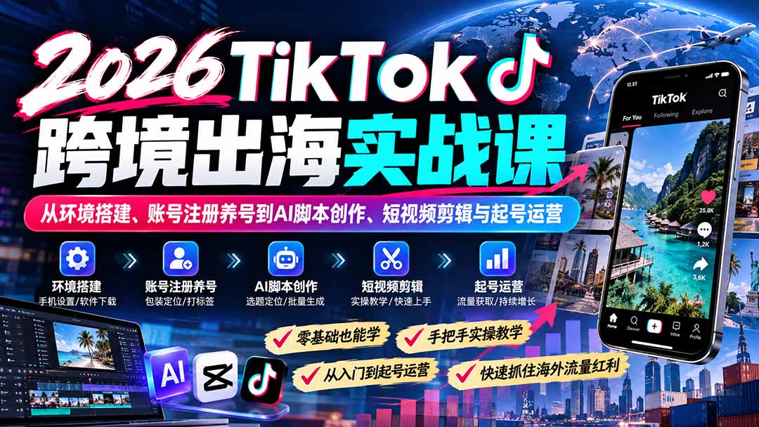 2026TikTok跨境出海实战课：从环境搭建、账号注册养号到AI脚本创作、短视频剪辑与起号运营-91副业网