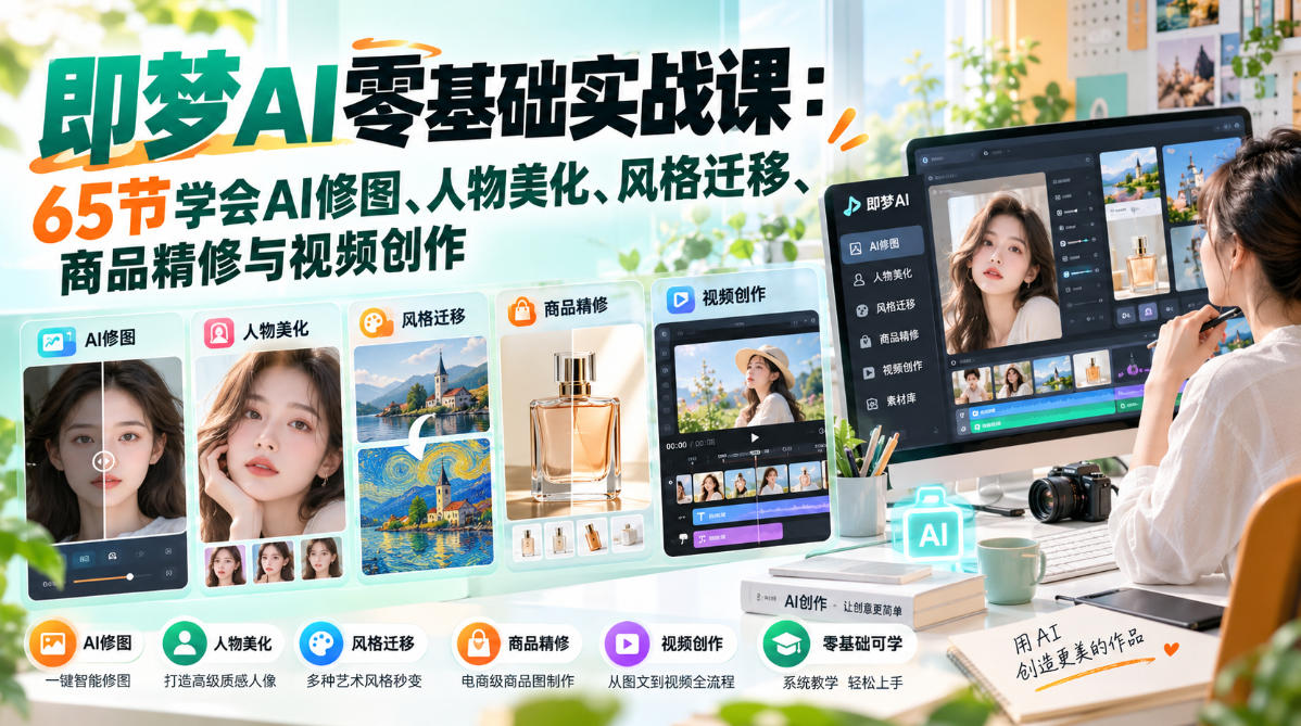 即梦AI零基础实战课：65节学会AI修图、人物美化、风格迁移、商品精修与视频创作-91副业网