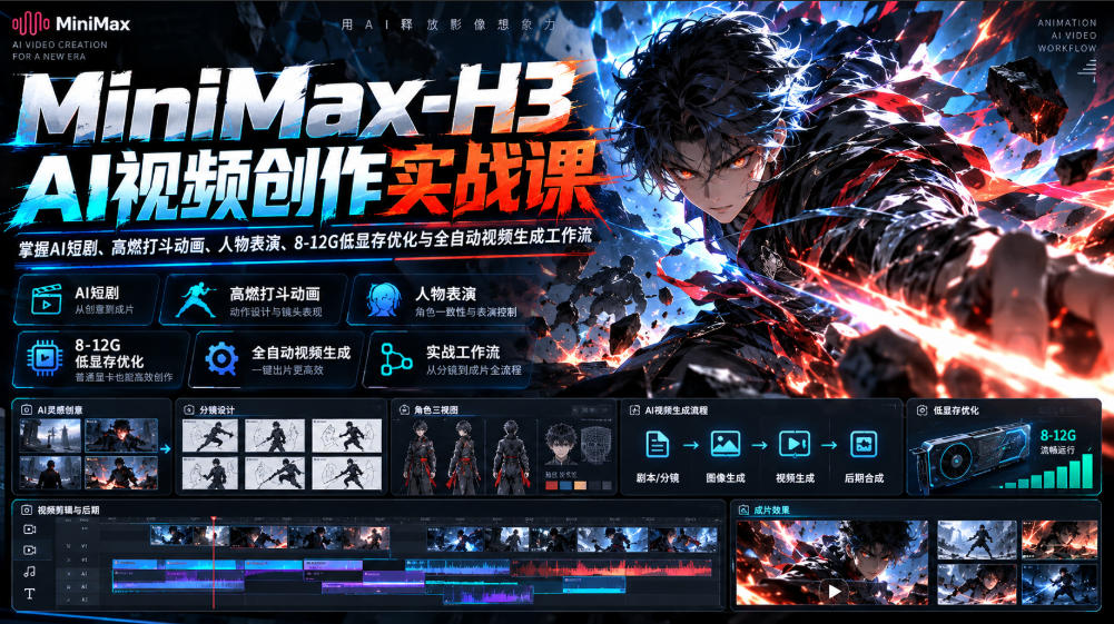 MiniMax-H3 AI视频创作实战课，掌握AI短剧、高燃打斗动画、人物表演、8-12G低显存优化与全自动视频生成工作流-91副业网