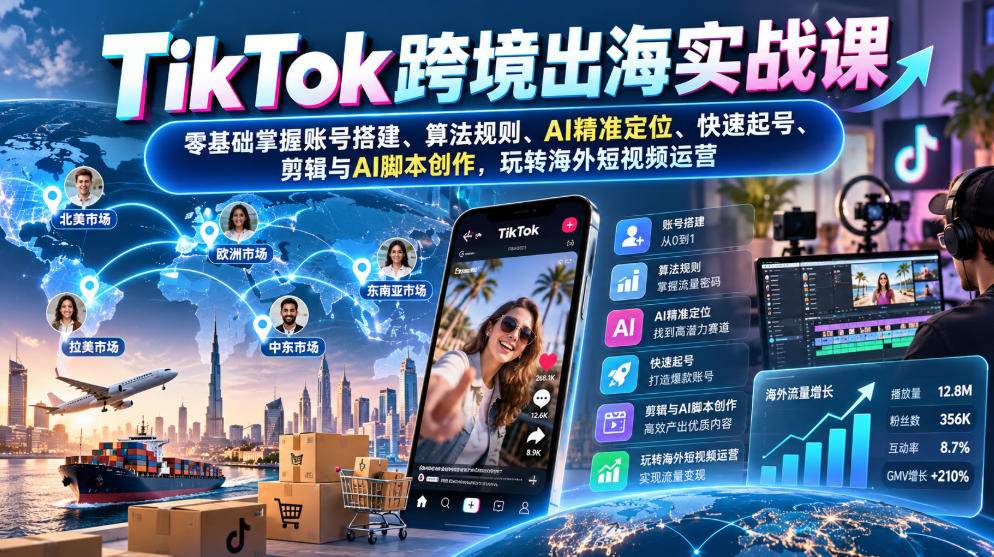 TikTok跨境出海实战课：零基础掌握账号搭建、算法规则、AI精准定位、快速起号、剪辑与AI脚本创作，玩转海外短视频运营-91副业网